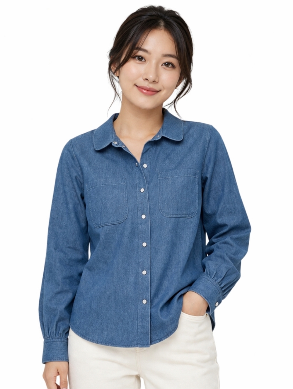 Rosae Paris 100% Cotton light blue chambray button-down shirt classic Size 2